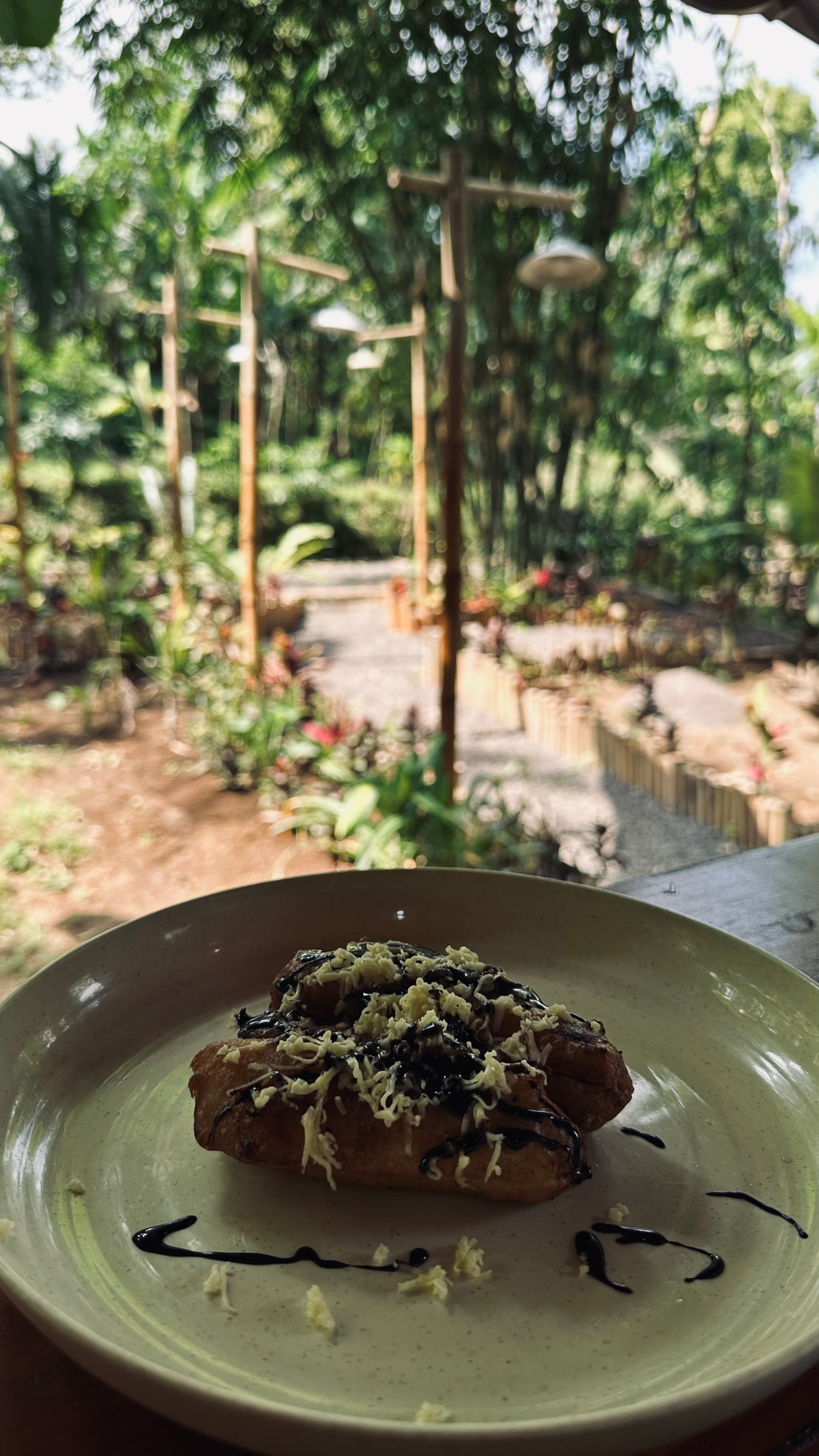 Pisang goreng with jungle backdrop