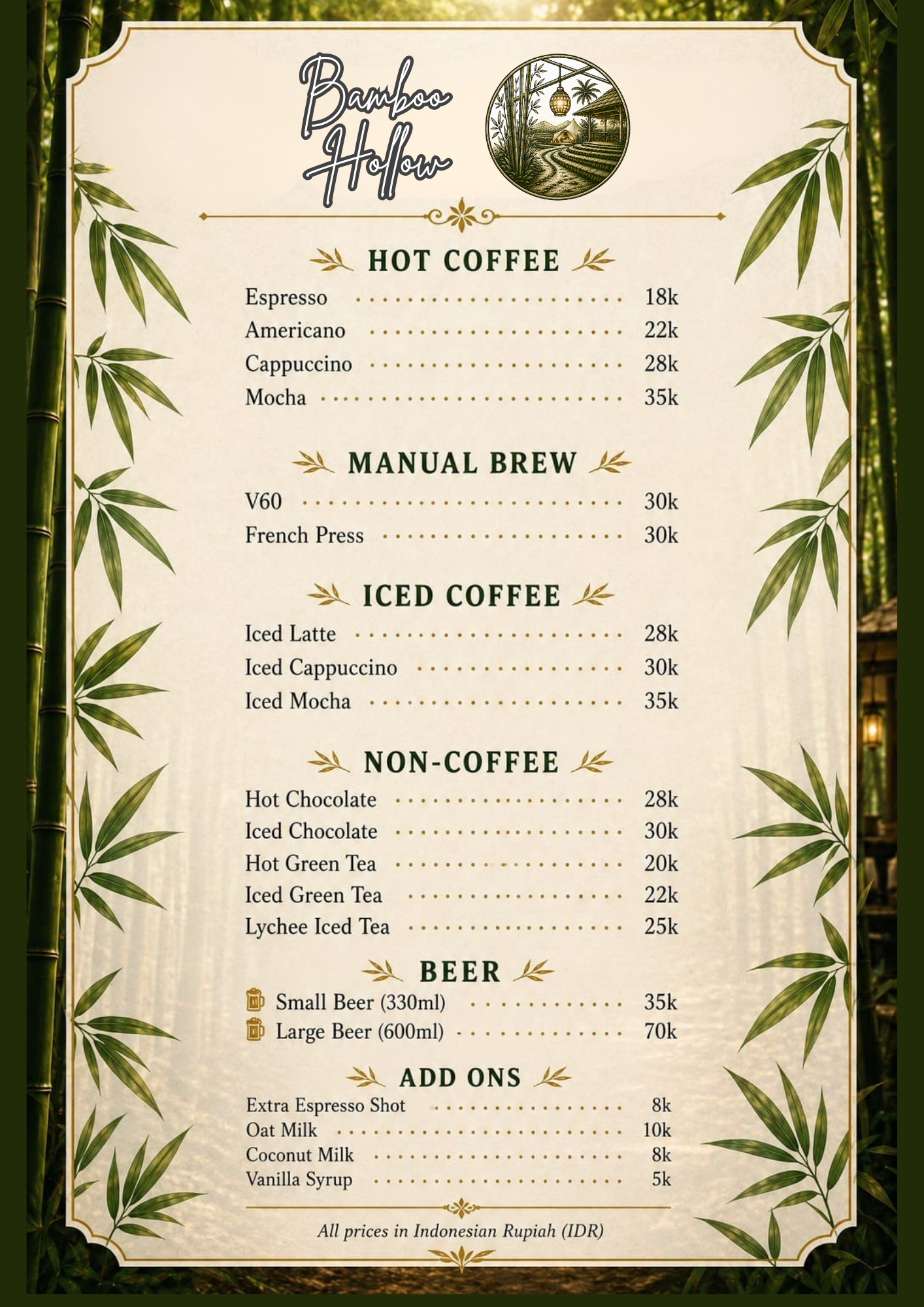 Bamboo Hollow drinks menu — coffee, beer, non-coffee