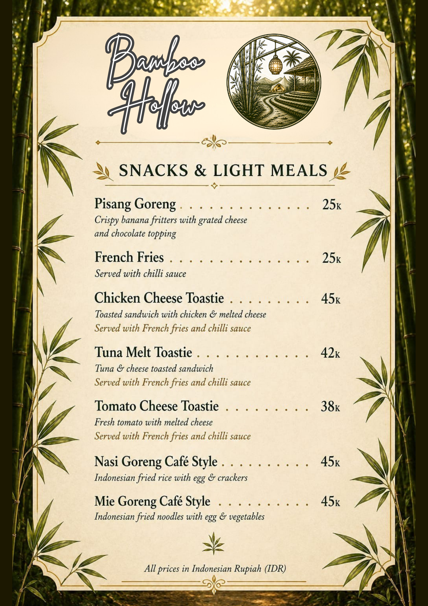 Bamboo Hollow snacks and light meals menu